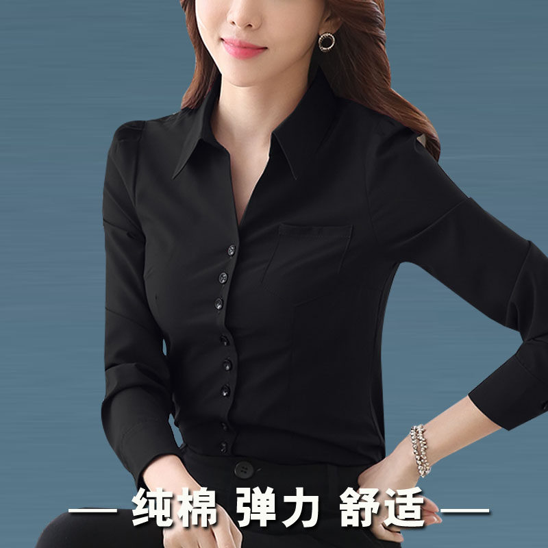 Black V-neck shirt women's long-sleeved spring and autumn Korean style slim design niche fashion Western-style cotton professional shirt