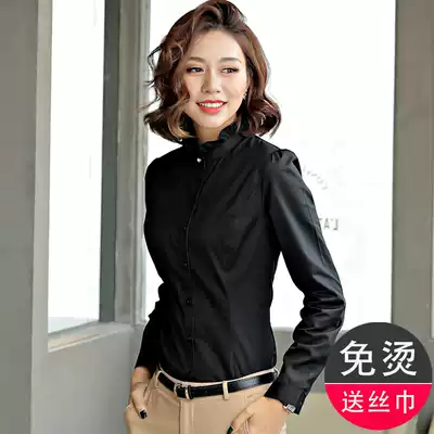 Stand collar wooden ear shirt women long sleeve design sense minority spring and autumn Korean version of Joker temperament lace collar black shirt