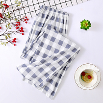 Womens cotton pajamas cotton middle-aged and elderly home trousers spring and autumn summer thin plaid knit plus-size home pants