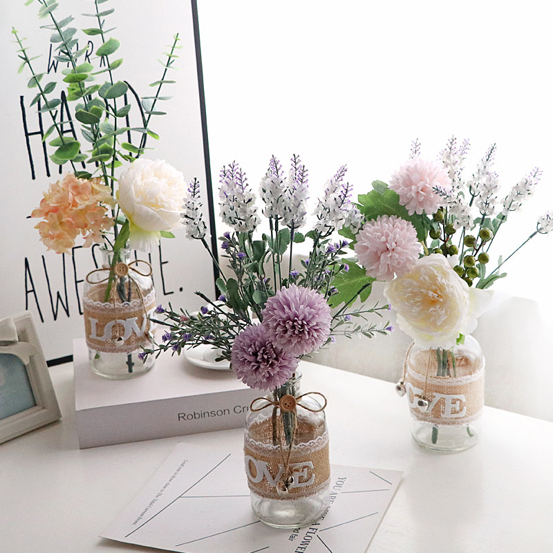 Sen Women's Tennis Red Cloth Art Glass Vase Simulation Flowers Fake Flowers Nordic small frescoed dining room Decorative Pendulum