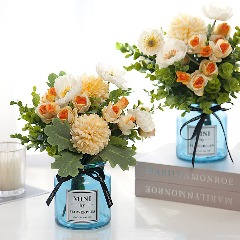 Mediterranean Bright Blue Color Sunshine Rose Flower Bottle Floral Fields Parlor Dining Room Dining Room Home Decoration Beauty Chia Store Suit