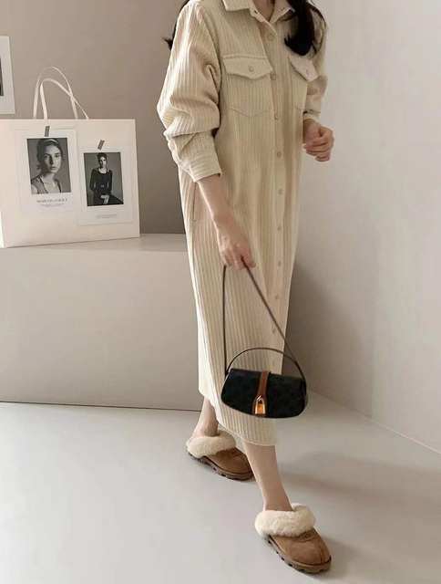 Korean chic over the knee long retro corduroy shirt skirt retro simple gentle loose dress autumn and winter