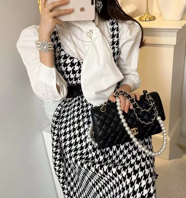 Personalized stand-up collar fashionable shirt top retro houndstooth suspenders all-match dress 2022 autumn Korean suit