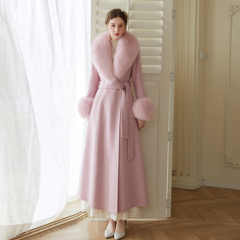 Xinshui Slim-Fit Double-Sided Cashmere Real Fox Fur Cashmere Coat Pink Woolen Long Sheep Wool Coat Xinshui Slim-Fit Double-Sided Cashmere Real Fox Fur Cashmere Coat Pink Woolen Long Sheep Wool Coat