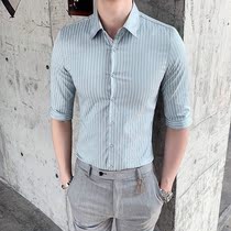 Yuppie handsome shirt male trend Summer slim fit 70% sleeves Short sleeves Inn style Handsome Hairstyle Hairstylist Striped Shirt