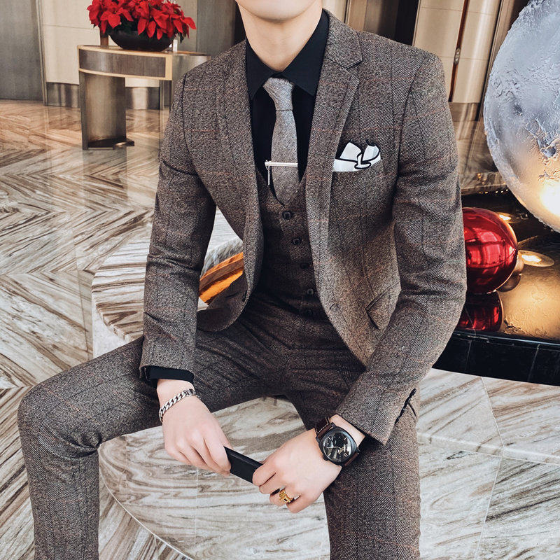 Men's suit 2021 spring and summer plaid small suit jacket men's Korean casual Joker yuppie suit three-piece suit tide
