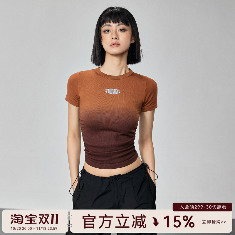 Mitaogirl Gradient Side Waist Pleated Fitness Wear Women's Seamless Knitted Sports Short-Sleeved T-Shirt Elastic Yoga Top Mitaogirl Gradient Side Waist Pleated Fitness Wear Women's Seamless Knitted Sports Short-Sleeved T-Shirt Elastic Yoga Top