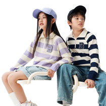 Balabala Boys Sweaters Childrens Autumn Tops 2024 New Long Sleeve Medium and Large Childrens Girls Striped Half Placket