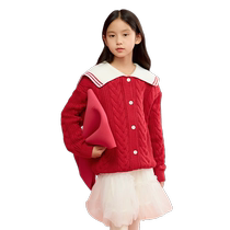 Balabala Childrens Clothing Girls Sweater Childrens Sweater 2025 Spring New Red Knitted Contrast Color Warm Cardigan