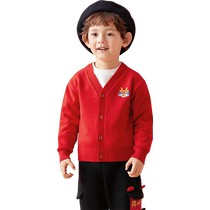 Balabala Boys Sweater Cardigan 2024 Spring and Autumn New Girls New Year Clothes Baby Knitted Sweater Red Top