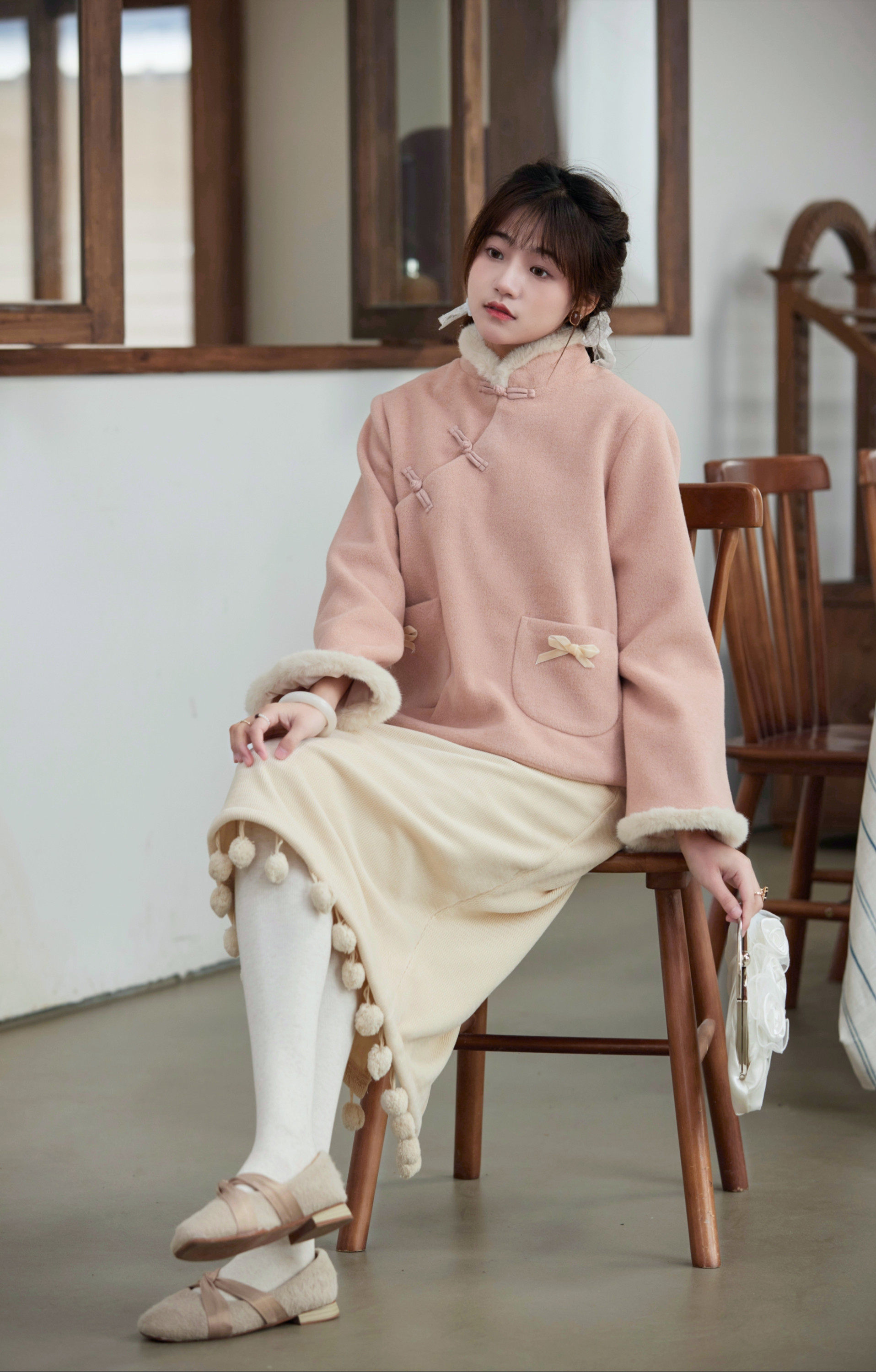 ふわふわファー付 チャイナドレス風コート / 職人ハンドメイド