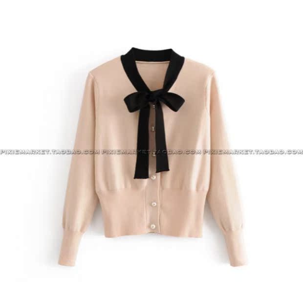 Pixiemarket Châu Âu đứng đầu mùa thu thời trang hoang dã mỏng ngọc trai khóa nơ đan áo len nữ hàng hiệu