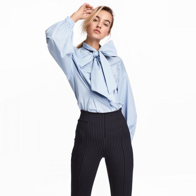 pixiemarket European and American style fashion new simple solid color pleated waist loose tie bow shirt