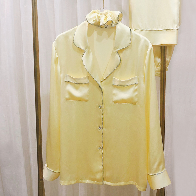 Custom light luxury silk 100% mulberry silk goose yellow rhinestone pajamas women's long sleeve pants two-piece set home solid color