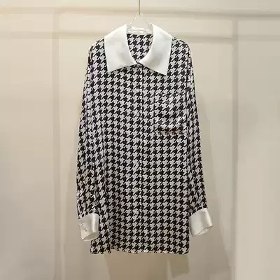 Private custom thousand bird's boyfriend shirt pajamas female 100% mulberry silk large size home clothing light luxury