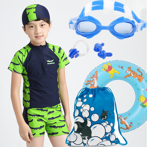 Male child swimsuit Children Two-style short sleeve sunscreen 6 years 7 years 8 years 9-10 11-year 11 old swimsuit swimming trunks