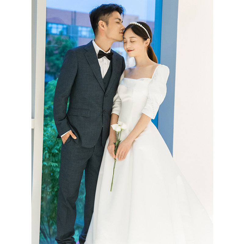 Satin Wedding Dress 2021 New Korean Style White Simple Hepburnson Bride Wedding Welcome Dress Small Trailing