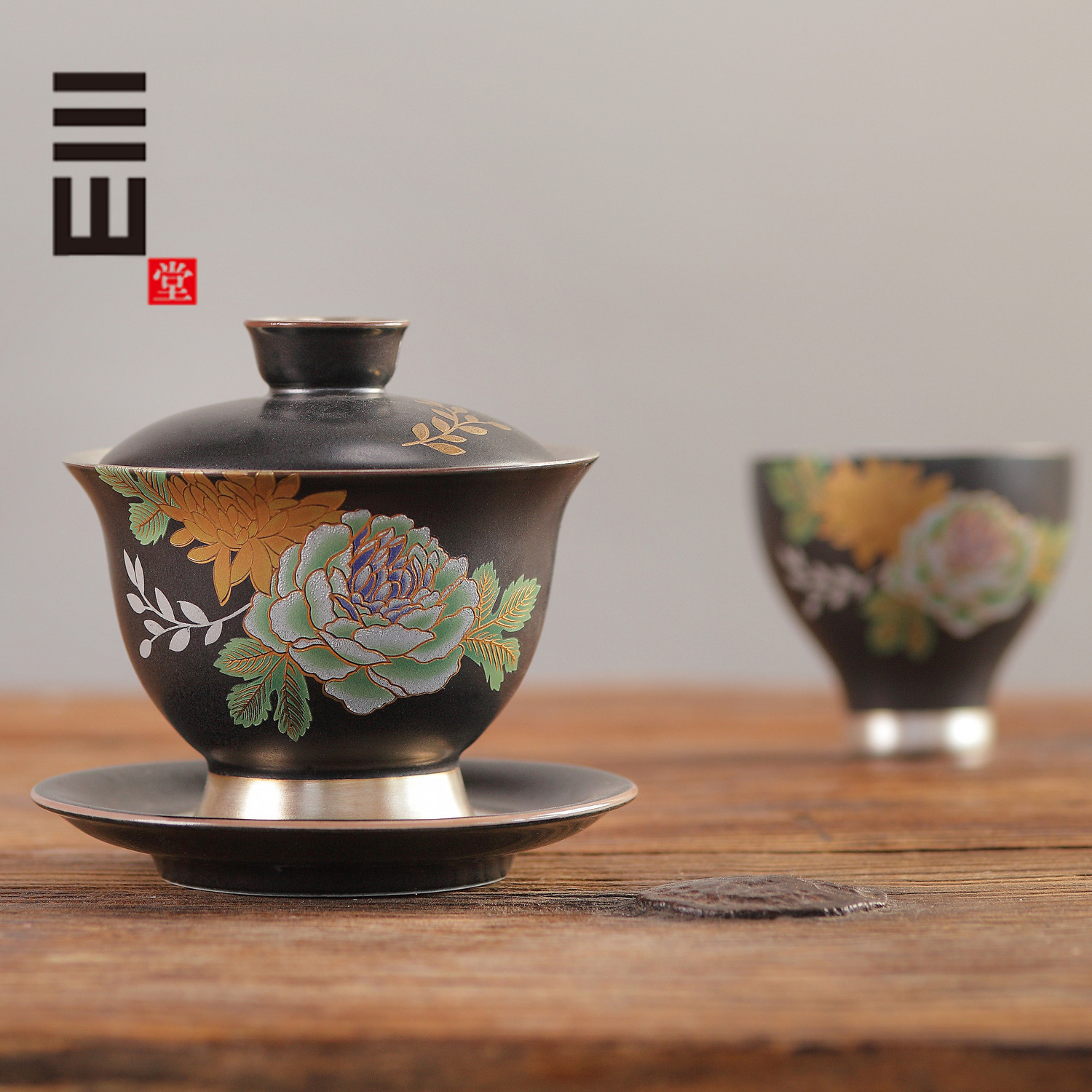 Sanshantang Peony Silver Cover Bowl Tea Set Personalized Large Kung Fu Tea Master Cup Single Tea Cup Tea Cup