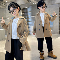 Boys spring and autumn dress coat 2022 new spring and autumn big boys overlap medium - long English childrens pure color coat