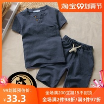 Childrens cotton linen suit boys set spring and summer clothes 2021 New 8-10 year old tide clothes in big childrens shorts two sets