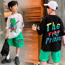 Boy short-sleeved T-shirt suit 2021 summer handsome Korean version of childrens half-sleeved thin medium-size child two-piece tide