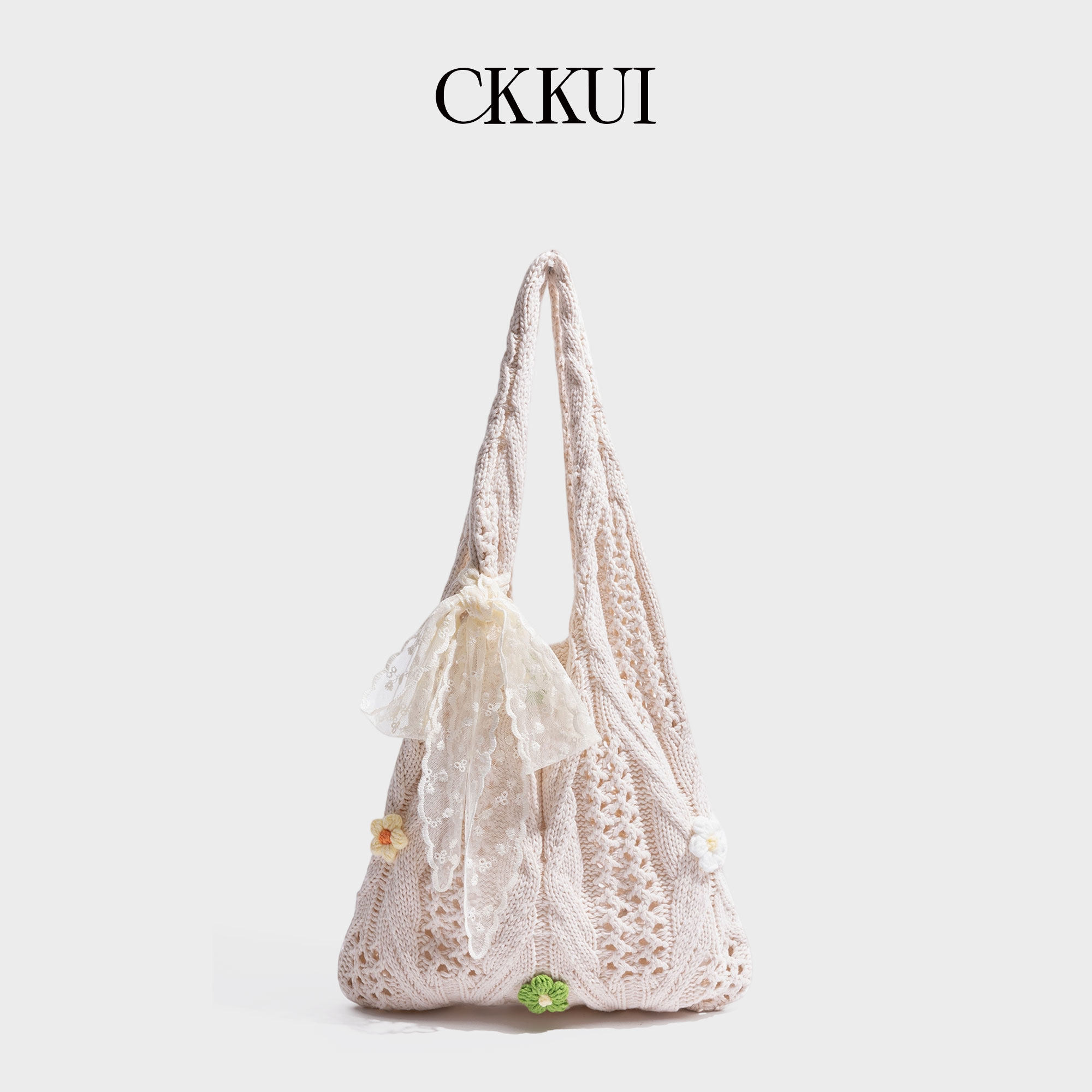 CKKUI Mori Girl Style Dopamine Pink Woven Bag 2026 New Knitted Floral Hollow-Out Bag Lazy Handbag