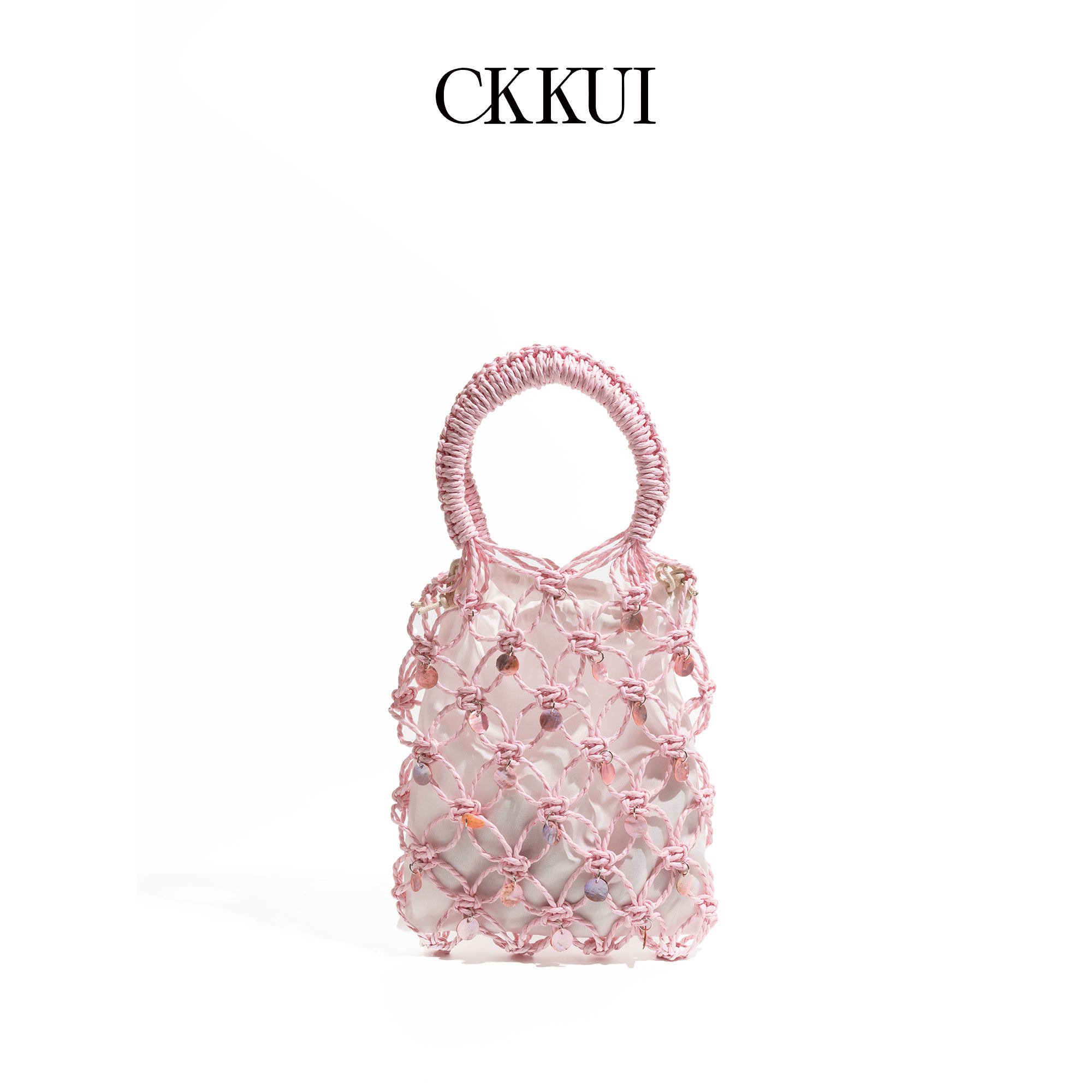 CKKUI minimalist dopamine woven pink sequined cutout bag, a relaxed style fishnet tote.