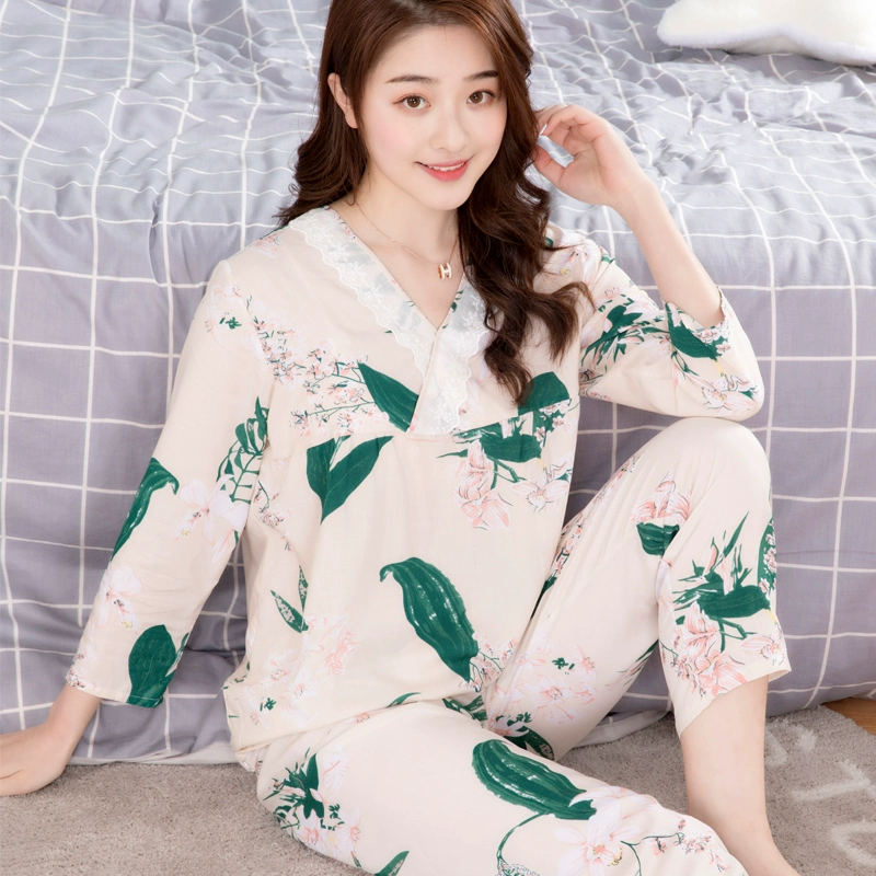 Mùa hè cotton lụa Hàn Quốc đồ ngủ của phụ nữ cotton dài tay bộ đồ mỏng cotton lụa lỏng ren dịch vụ nhà mùa xuân và mùa thu - Cặp đôi