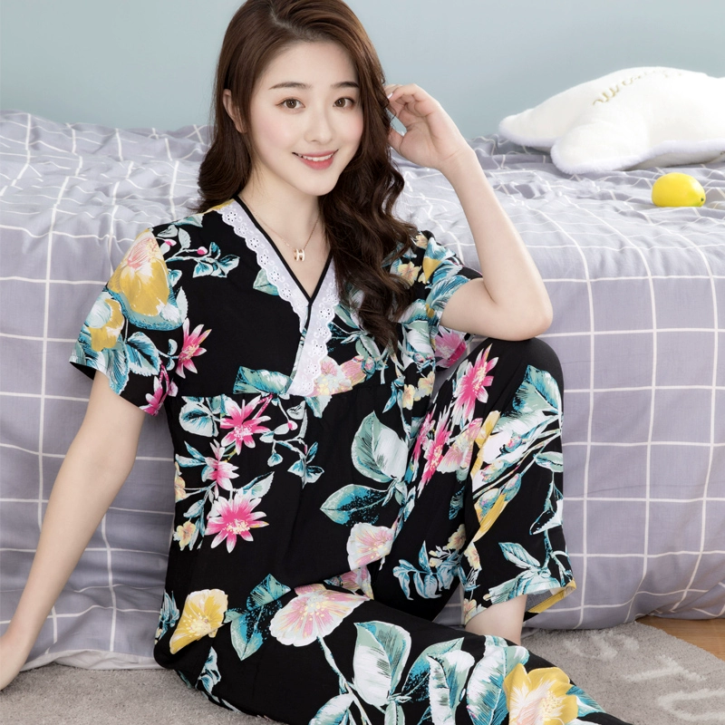 Mùa hè cotton lụa Hàn Quốc đồ ngủ của phụ nữ cotton dài tay bộ đồ mỏng cotton lụa lỏng ren dịch vụ nhà mùa xuân và mùa thu - Cặp đôi