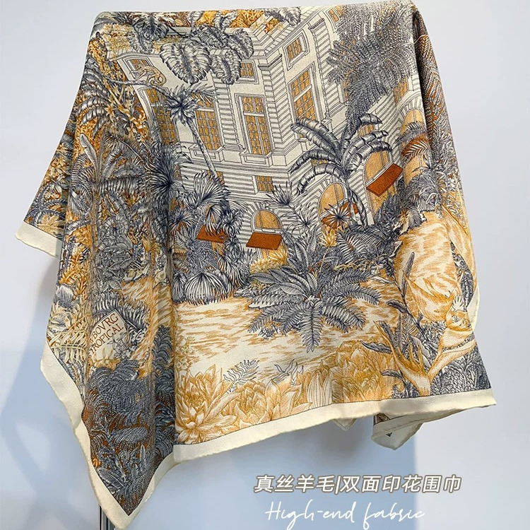 Tropical Rainforest Fubao Jungle Double-Sided Color-Blocked Silk Wool Scarf 65*65cm Shawl 30% Mulberry Silk 70% Wool
