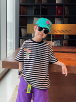 Boy pure cotton short sleeve striped T-shirt Summer clothing Children boys blouse CUHK Tong Shuai Net Red Ocean Gas T handsome