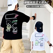 Tide version boy Summer fit Han version pure cotton short sleeve T-shirt Children boy Arrow printed CUHK handsome and cool wave blouses t