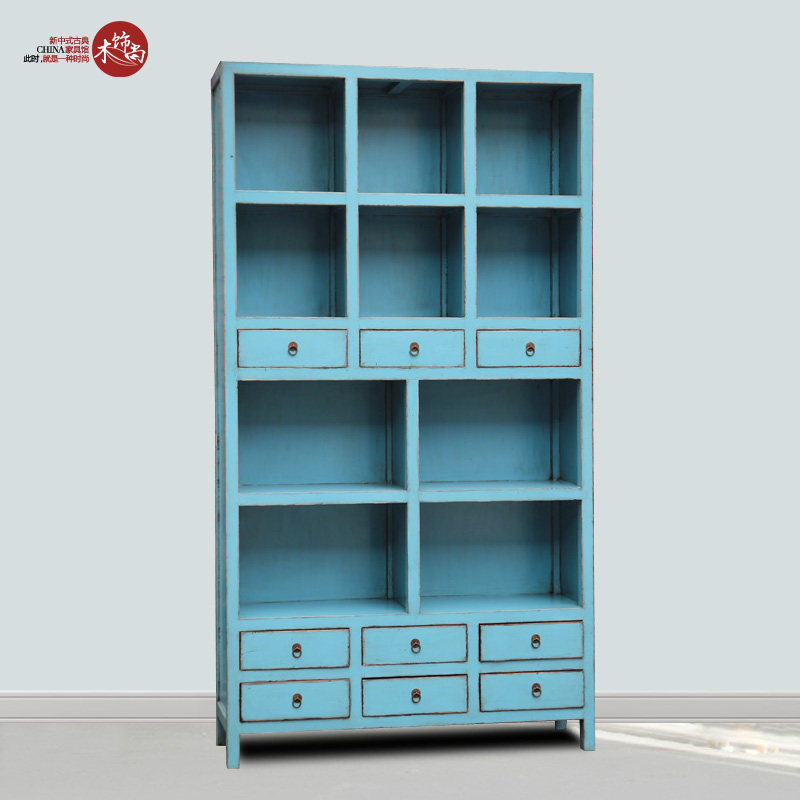 New Chinese Old Pine Wood Classical Book Room Bookshelf Filing Cabinet Rack Retro Made of Old Decorative Exhibition Hall Rack Cabinet Solid Wood Furniture