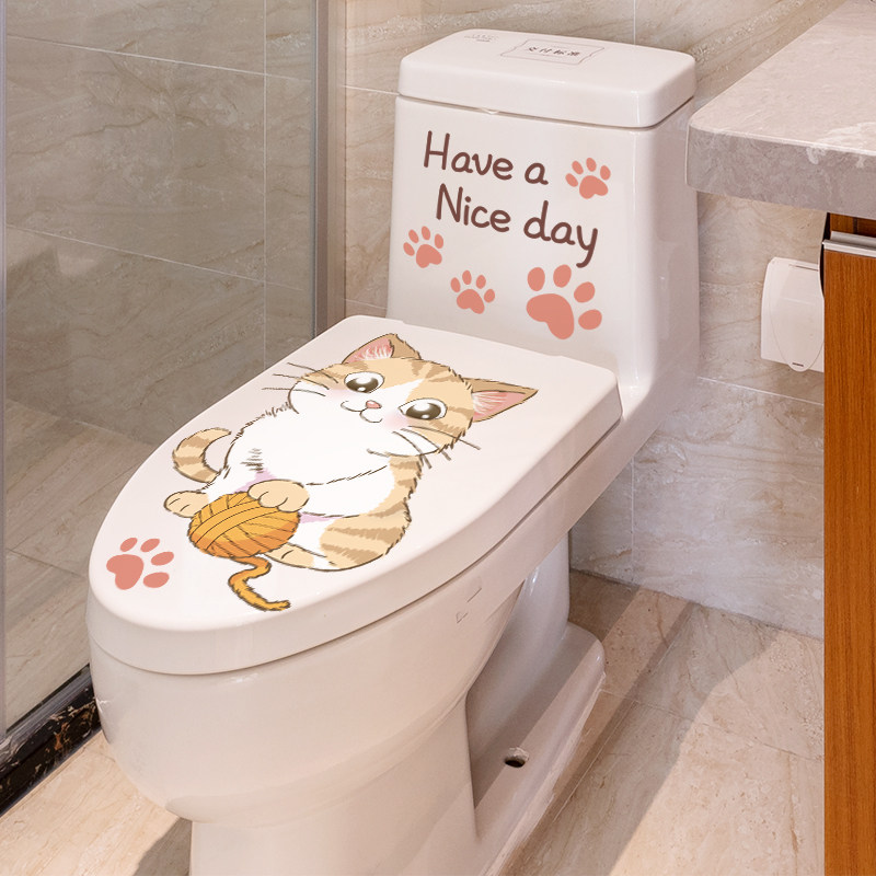 Kitty Kitty Creative Toilet sticker 3d Cubic toilet lid funny sticker Makeup Room Water Tank Waterproof Sticker