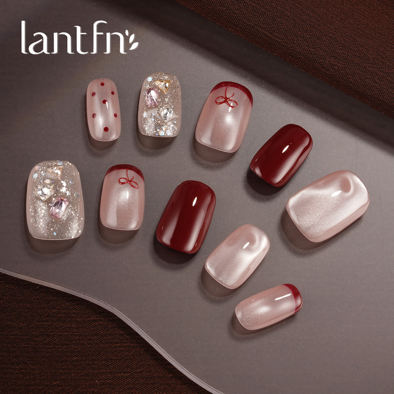 Ltf Original [Polka Dot Bow] Handmade Wearable Nails 2026 Short Style High-End French Red Polka Dot