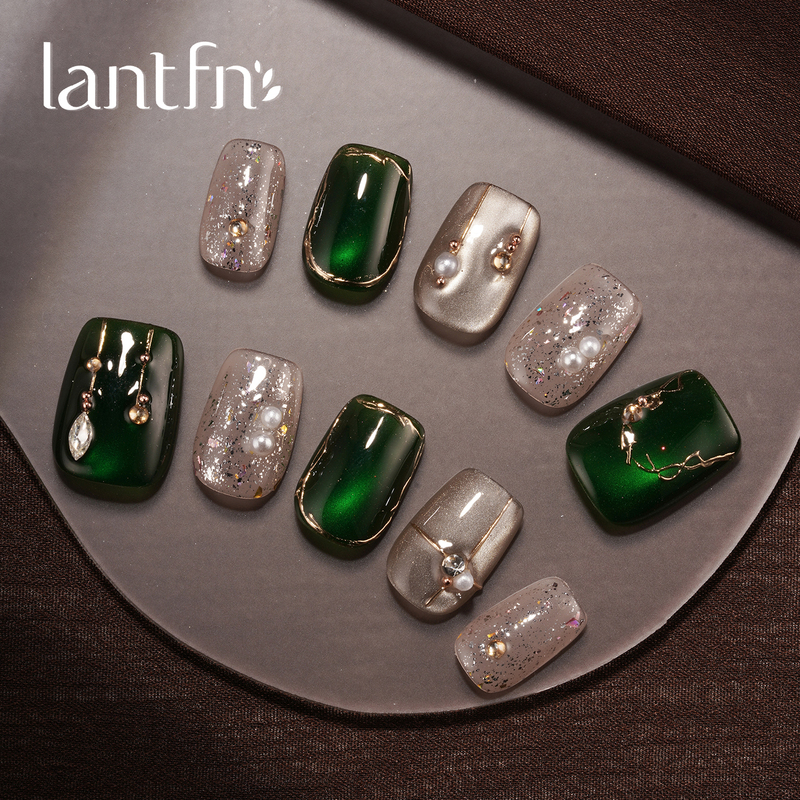 Ltf Original [Qingwu Jade Cup] Purely Handmade Wearable Nails Short Style 2026 Emerald Green Gold Edge Pearl Manicure
