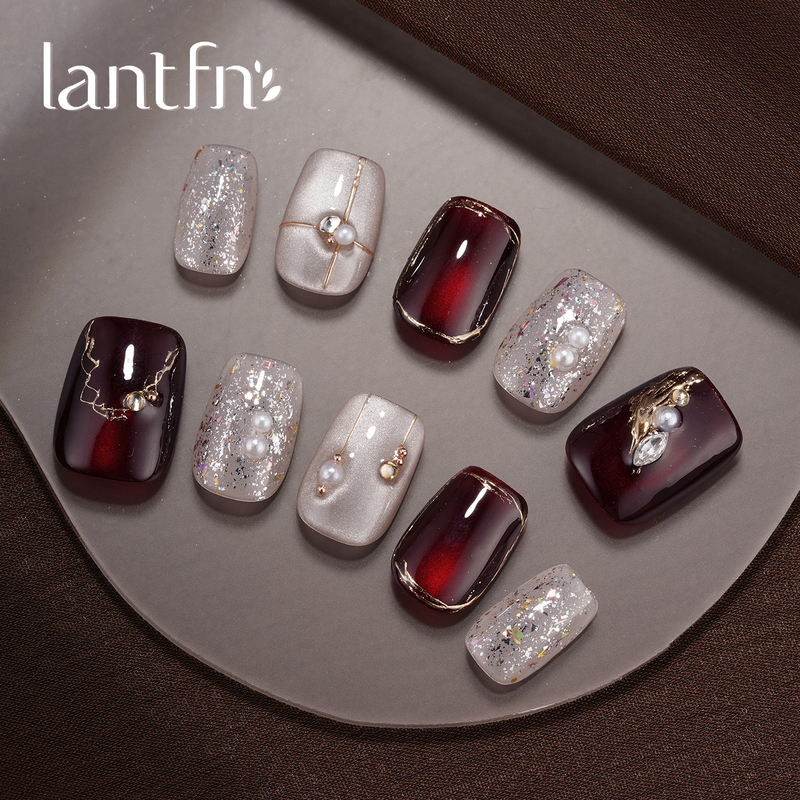Ltf Original [Dusk Flame Red Silk] Handmade Wearable Nails Short Style 2026 Vintage Wine Red Gilded Diamond Nail Art