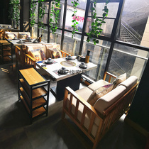 Marble hot pot table induction cooker integrated commercial restaurant theme restaurant solid wood hot pot restaurant table and chair combination