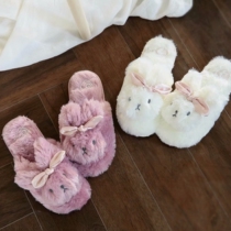 Silk sliding small rabbit plush slippers suede long ears satin butterfly knot Cute Home Slippers Indoor shoes female