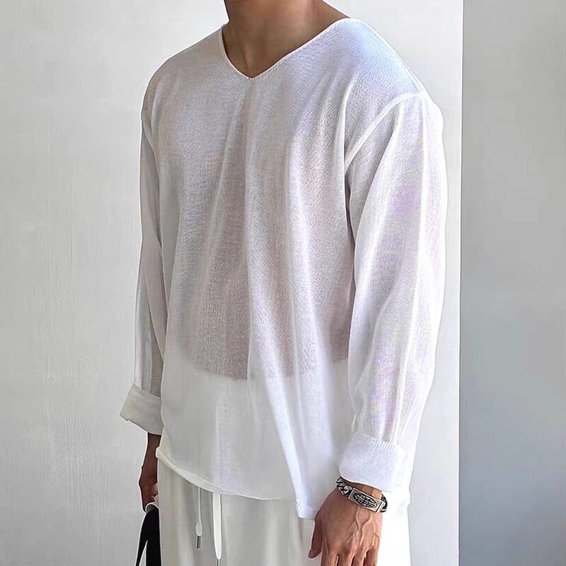 American-Style Cool Silk Hollow-Out Knit Shirt for Men, Relaxed Fit, See-Through, Sun-Protective Long-Sleeve Cover-Up, Large Collar, Linen Mesh T-Shirt
