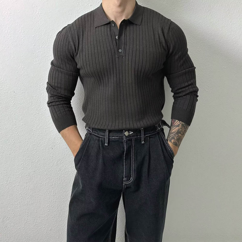 American-Style Core-Spun Yarn Knitted Polo Shirt for Muscular Men, Slim-Fit Long-Sleeve Sweatshirt, Tough Guy Style, Mercerized Cotton Wool Polo Shirt