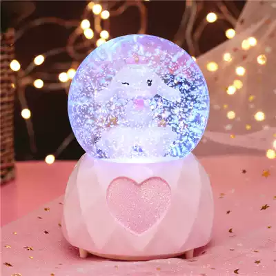 Love rabbit Cute pink girl heart snowflake rotating crystal ball Music box Music box Yeah Birth Day gift
