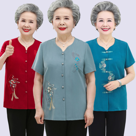 Middle-aged and elderly summer women's suits for the elderly short-sleeved mother's shirt 60 years old and 70 grandma chiffon top old lady Tang suit