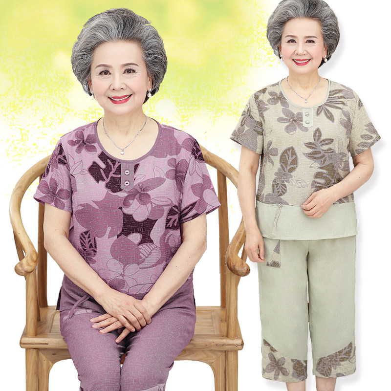Grandma loaded with summer clothes short sleeves cotton linen two-piece suit for elderly ladies 60 years 70 old ladies' clothes 80
