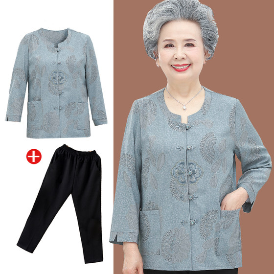 Elderly mother long -sleeved shirt thin grandma summer shirt elderly middle -aged people women's clothing spring and autumn clothes