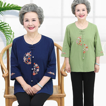 Mid-sleeve elderly summer female mother Tang suit shirt two-piece old lady clothes grandma cotton summer coat