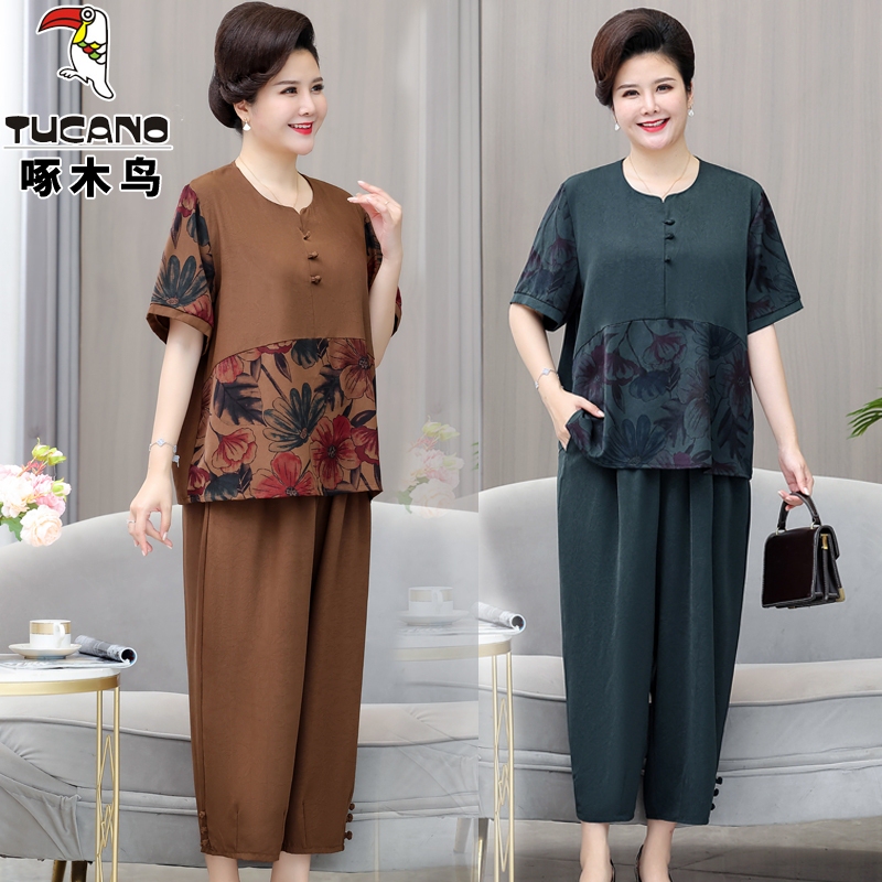 Woodpecker Summer Women's Clothing for Middle-Aged and Elderly Women, Plus Size for Moms, Large Size 100kg Thin Short-Sleeved Suit, Fashionable Two-Piece Set Woodpecker Summer Women's Clothing for Middle-Aged and Elderly Women, Plus Size for Moms, Large Size 100kg Thin Short-Sleeved Suit, Fashionable Two-Piece Set