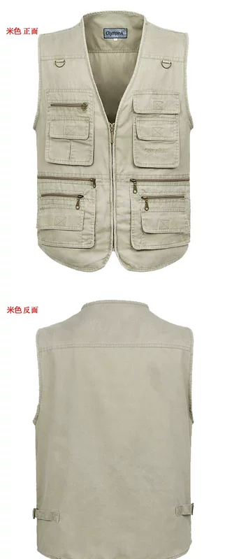 Mùa xuân và mùa thu mẫu trung niên vest nam kích thước lớn giản dị nhiều túi câu cá vest nam áo khoác cotton vai cha áo ghi lê nam