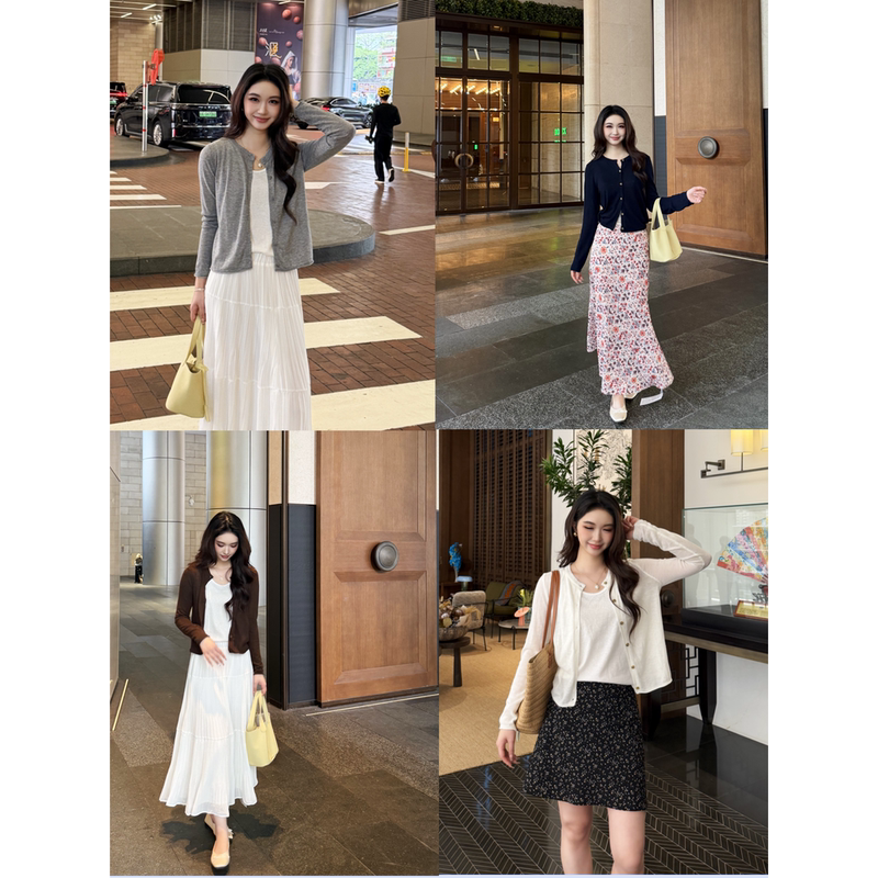 Relaxed High-Quality Sheep Wool Round-Neck Spring Women's Thin Gray Knitted Cardigan Short Style Skin-Friendly Comfortable Simple Jacket