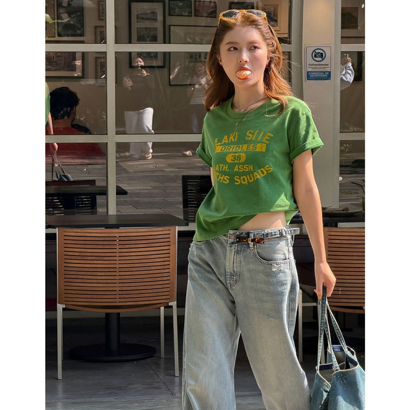 Dopamine Avocado Green Printed Short-Sleeved T-Shirt for Women Summer 2026 New Pure Cotton Green Round Neck Letter Top Dopamine Avocado Green Printed Short-Sleeved T-Shirt for Women Summer 2026 New Pure Cotton Green Round Neck Letter Top